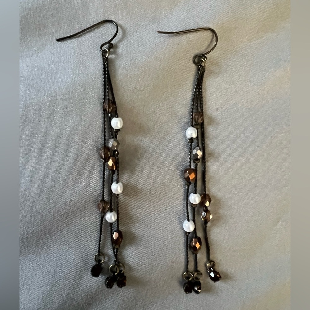 Brown and White Bead Dangle Earrings